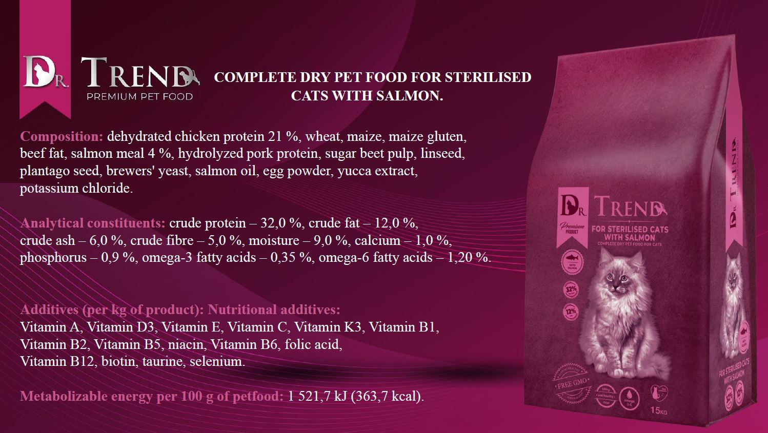 Dr.Trend – სრული მშრალი საკვები ორაგულით, სტერილიზებული კატებისათვის, 15კგ. - Image 2