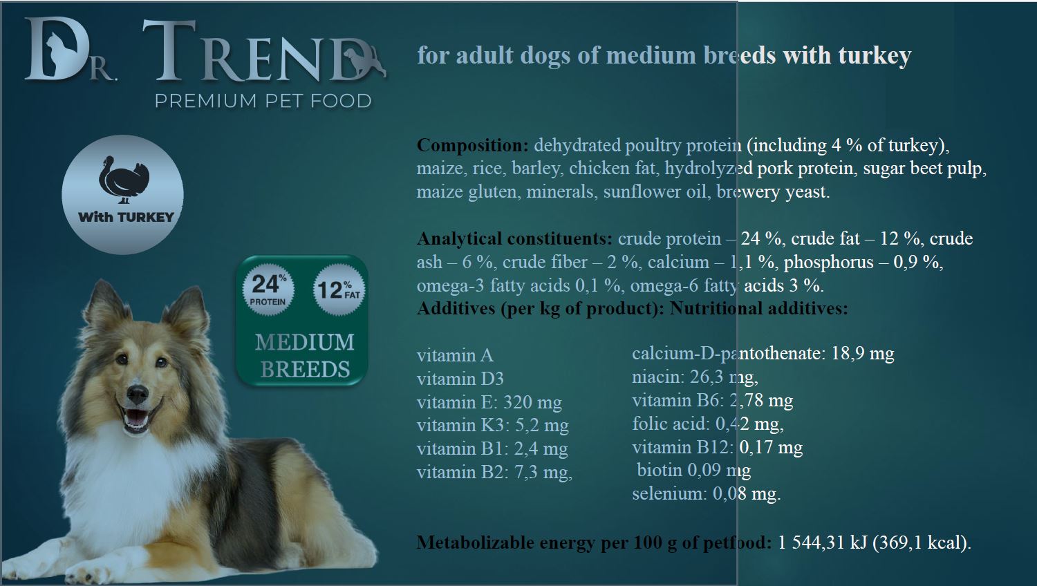 Dr.Trend  Medium Breeds - სრული დაბალანსებული საკვები საშუალო ჯიშის ძაღლებისთვის, ინდაურის ხორცით 15კგ. - Image 5