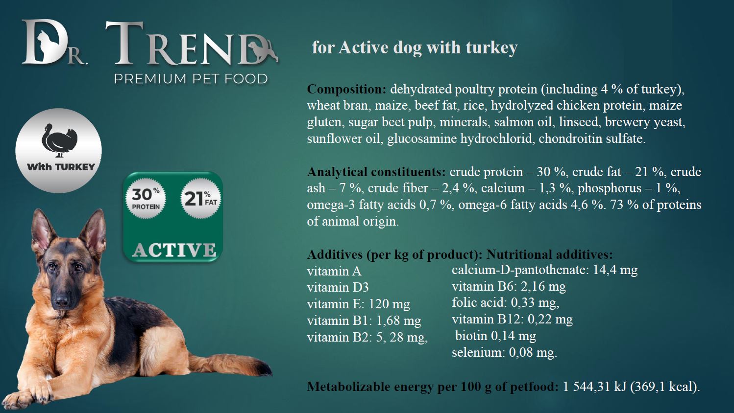 Dr.Trend  Active - სრული დაბალანსებული საკვები აქტიური ძაღლებისთვის, ინდაურის ხორცით 15კგ. - Image 2