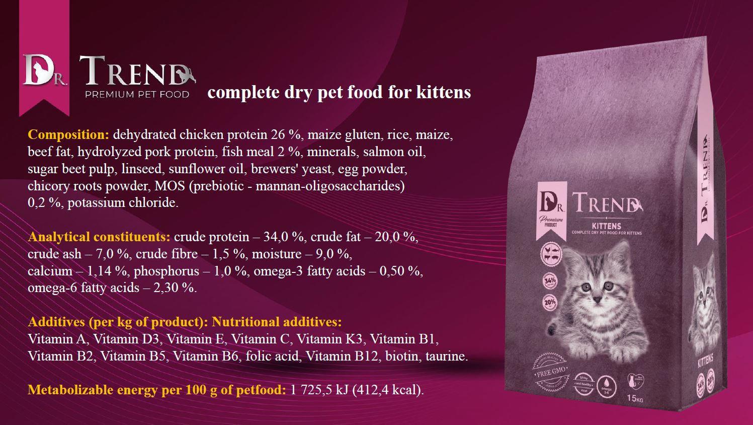 Dr.Trend Kitten –  სრული მშრალი საკვები კნუტებითვის, 15კგ. - Image 2