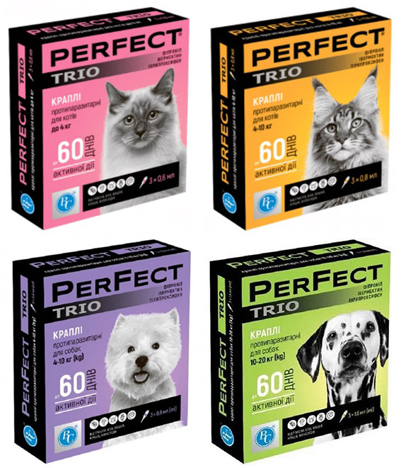 PERFECT TRIO - პარაზიტების საწინააღმდეგო წვეთები, ძაღლებისთვის, 0,8მლ (4-10კგ), 3 პიპეტი - Image 2
