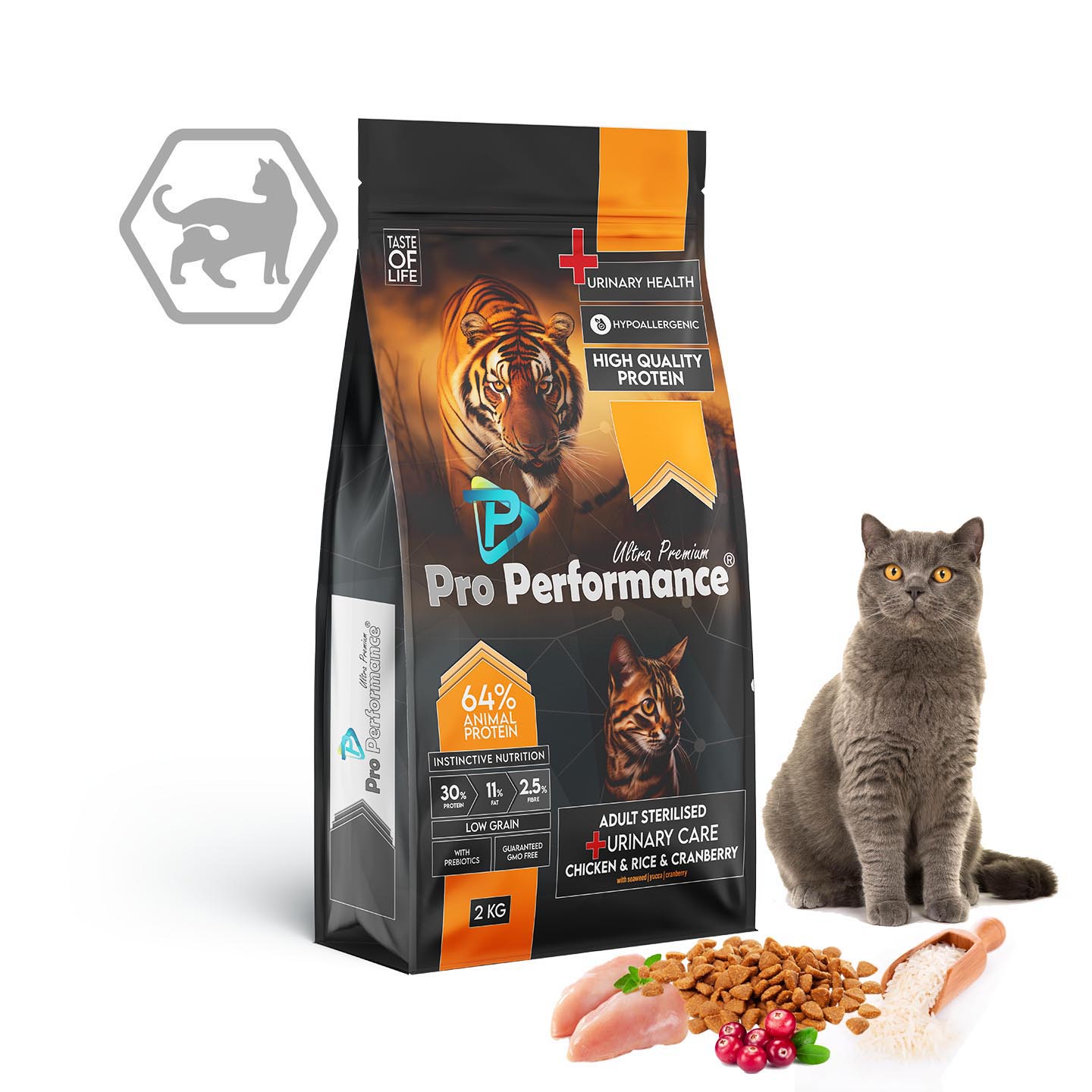 PRO PERFORMANCE · ADULT STERILISED - სტერილიზებული კატის საკვები ქათმის ხორცით, ბრინჯით და შტოშით, 2 კგ