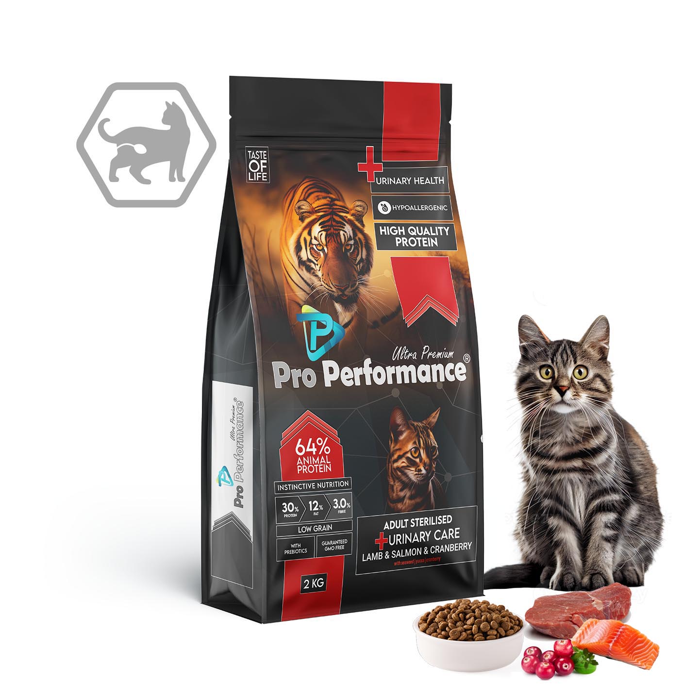 PRO PERFORMANCE · ADULT STERILISED - სტერილიზებული კატის საკვები ბატკნის, ორაგულის ხორცით და შტოშით, 2 კგ