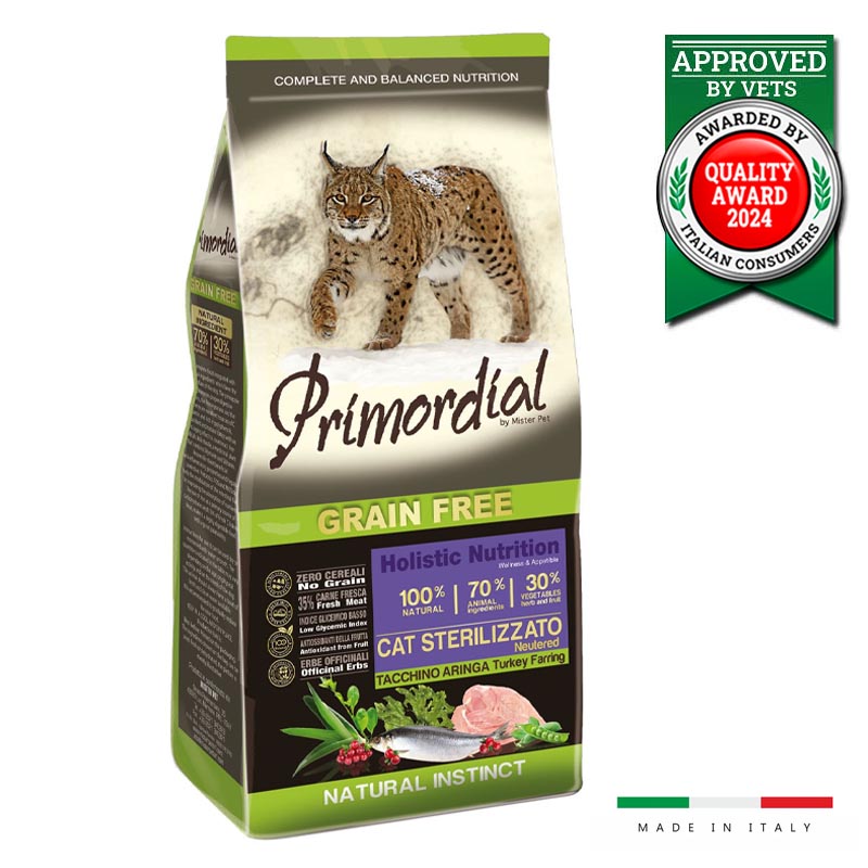 Primordial - სტერილიზებული -  ინდაურის და ქაშაყის ხორცით, მარცვლეულის გარეშე, 6კგ.